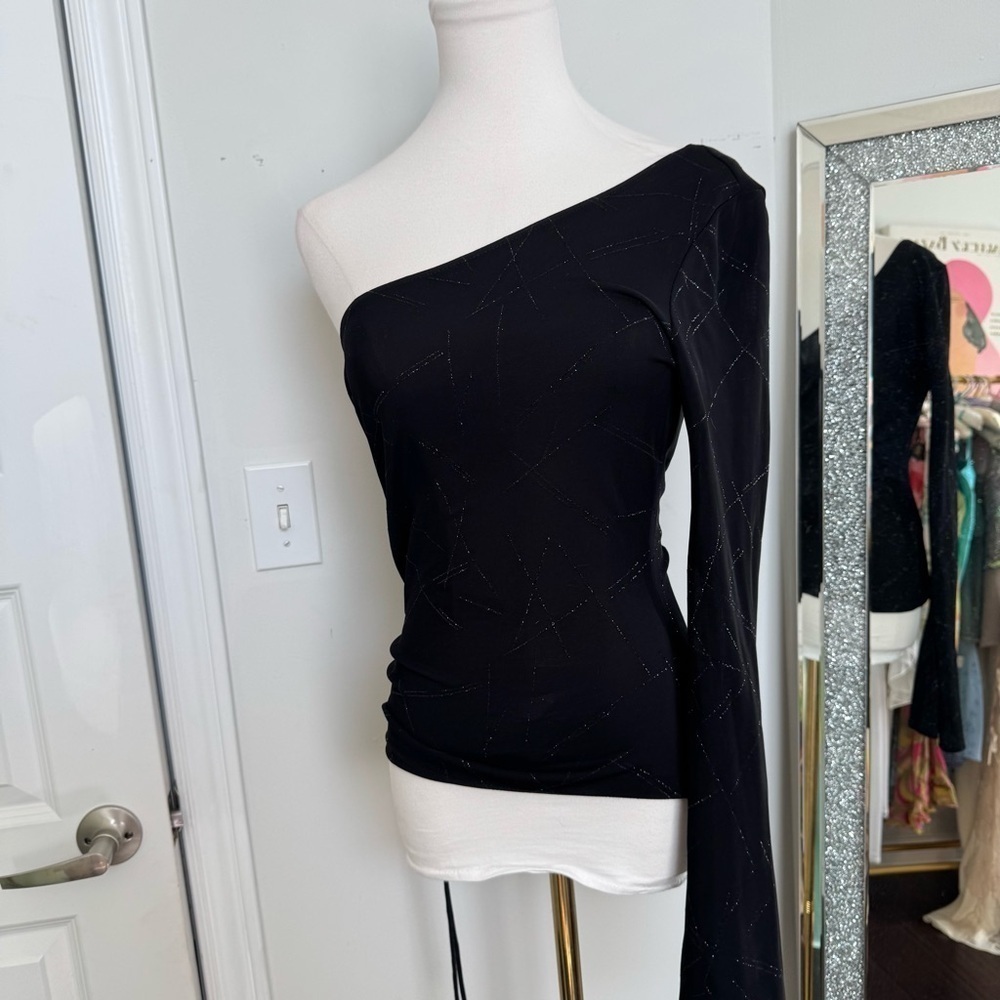 One-shoulder vintage black glitter top Y2K evening glam whismygoth witchy M - Picture 2 of 8
